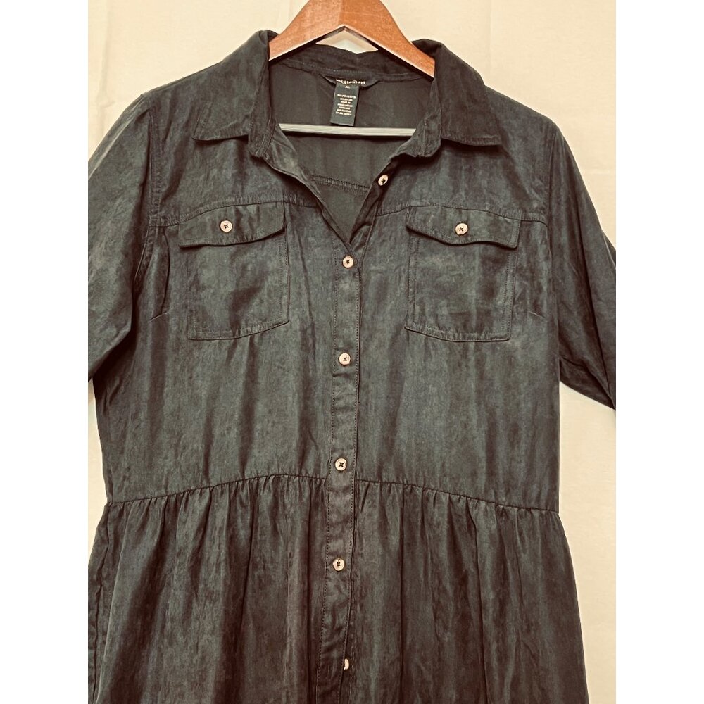 XL Black Midi Button-Up Dress Rolled Sleeves Pockets Millennium Casual Boho - Picture 7 of 16